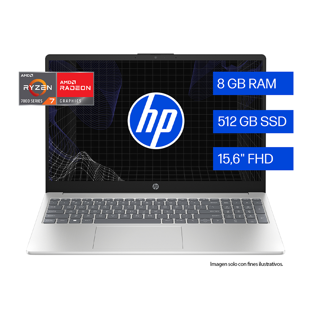 Laptop 15-fc0287la (C92PXLA) HP, pantalla 15.6" procesador AMD Ryzen 7 7730U 8GB 512GB Windows 11, color plateado natural