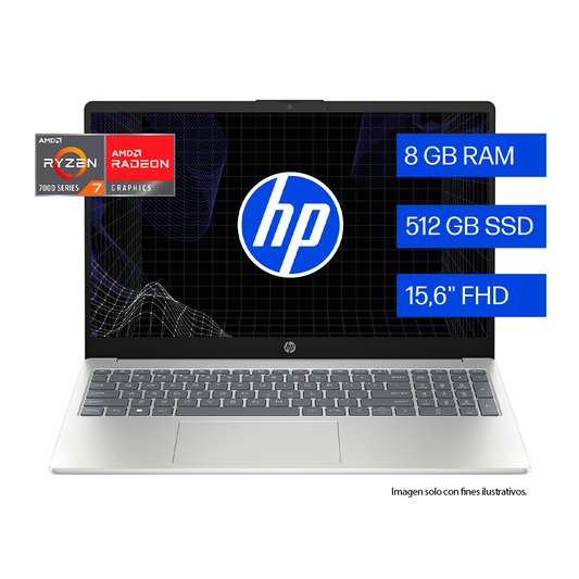 Laptop 15-fc0287la (C92PXLA) HP, pantalla 15.6" procesador AMD Ryzen 7 7730U 8GB 512GB Windows 11, color plateado natural