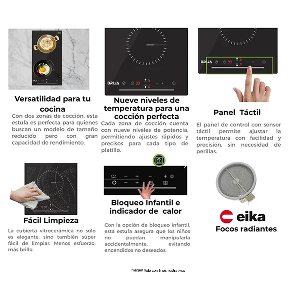 Estufa eléctrica vitrocerámica BERLIN 30 Drija, encendido eléctrico, sensor de control táctil, 2 quemadores eléctricos EIKA, bloqueo infantil.