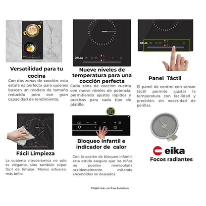 Estufa eléctrica vitrocerámica BERLIN 30 Drija, encendido eléctrico, sensor de control táctil, 2 quemadores eléctricos EIKA, bloqueo infantil.