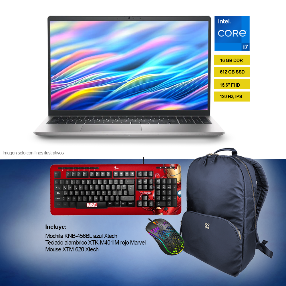 Combo de Laptop 0Y8RM DC15250 Dell + mochila KNB-456BL azul + teclado XTK-M401IM rojo + mouse XTM-620 Xtech
