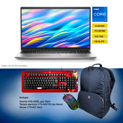 Combo de Laptop 0Y8RM DC15250 Dell + mochila KNB-456BL azul + teclado XTK-M401IM rojo + mouse XTM-620 Xtech
