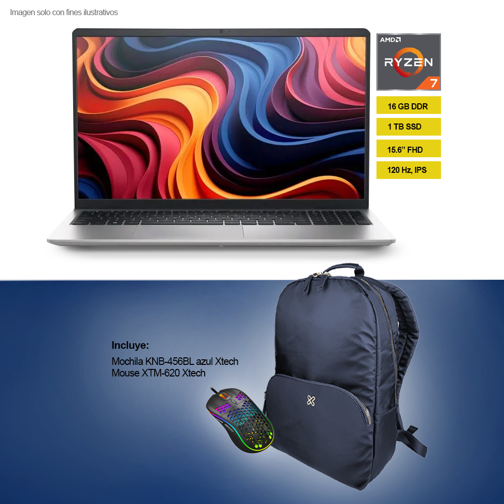 Combo de laptop Dell 15 DC15255 ryzen 7 7730U 16GB 1TB   + Mochila KNB-456BL azul Xtech + mouse XTM-620 Xtech