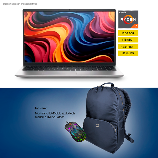 Combo de laptop Dell 15 DC15255 ryzen 7 7730U 16GB 1TB   + Mochila KNB-456BL azul Xtech + mouse XTM-620 Xtech