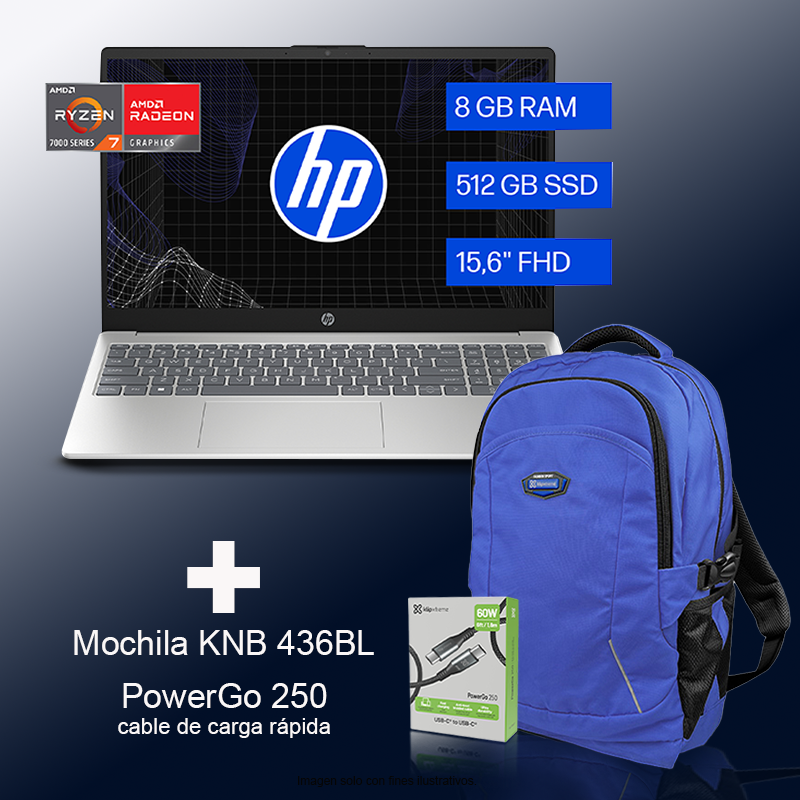Combo de laptop HP 15-FC0287LA CLAMSHELL  + mochila KNB-436BL + cable de carga PowerGo 250