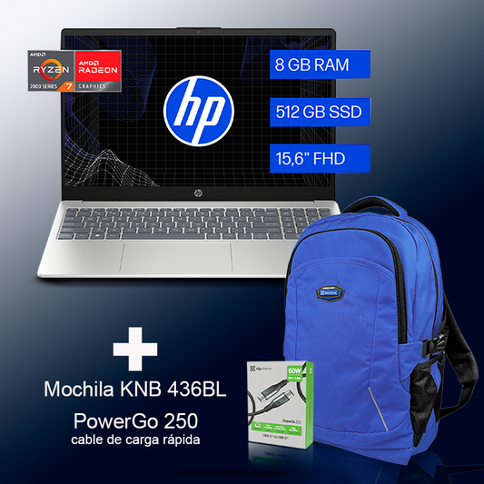 Combo de laptop HP 15-FC0287LA CLAMSHELL  + mochila KNB-436BL + cable de carga PowerGo 250