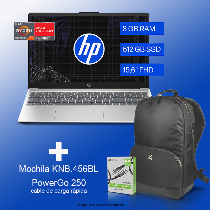 Combo de laptop HP 15-FC0353LA + mochila KNB-456BL + cable de carga PowerGo 250