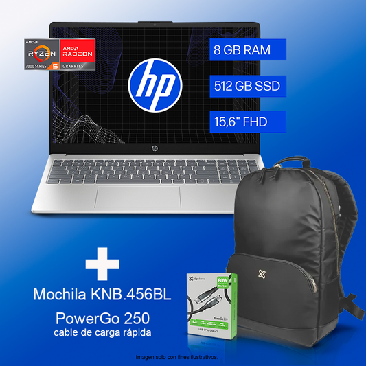 Combo de laptop HP 15-FC0353LA + mochila KNB-456BL + cable de carga PowerGo 250