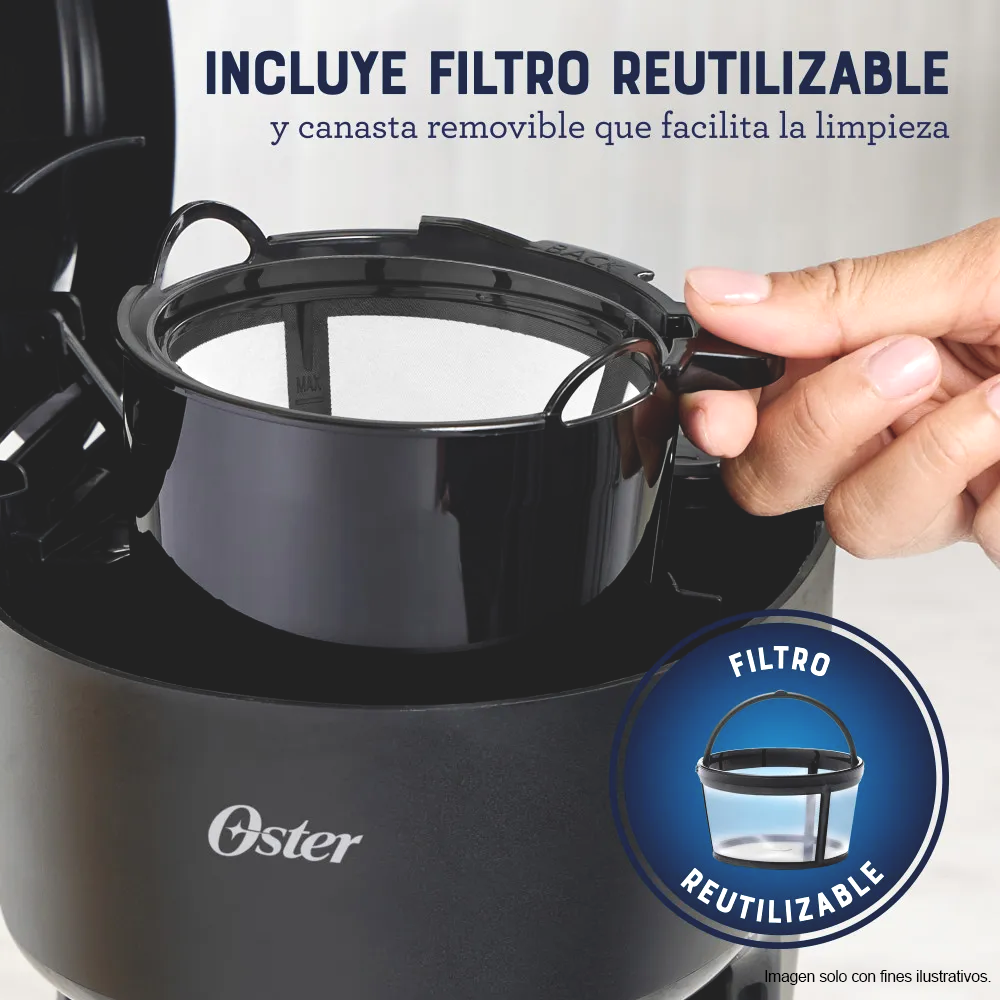 Cafetera5 Tazas de capacidad, filtro reutilizable, botón con luz de encendido y apagado, BVSTDCS51B, OSTER