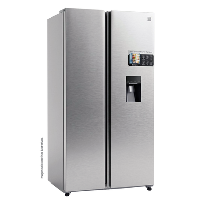 Refrigeradora 15pc Side By Side NHO15SXSWD Kenmore, color acero inoxidable, con dispensador de agua.