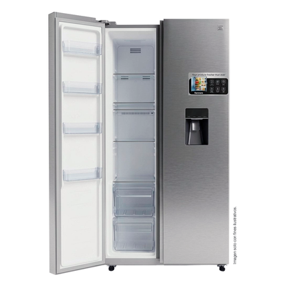 Refrigeradora 15pc Side By Side NHO15SXSWD Kenmore, color acero inoxidable, con dispensador de agua.
