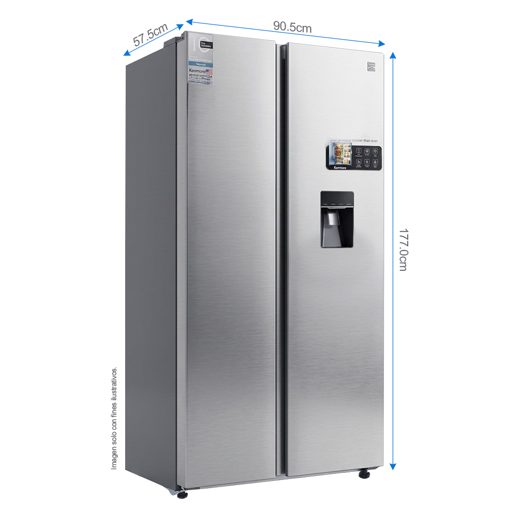 Refrigeradora 15pc Side By Side NHO15SXSWD Kenmore, color acero inoxidable, con dispensador de agua.