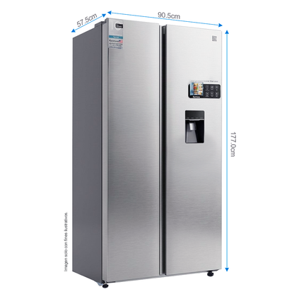 Refrigeradora 15pc Side By Side NHO15SXSWD Kenmore, color acero inoxidable, con dispensador de agua.