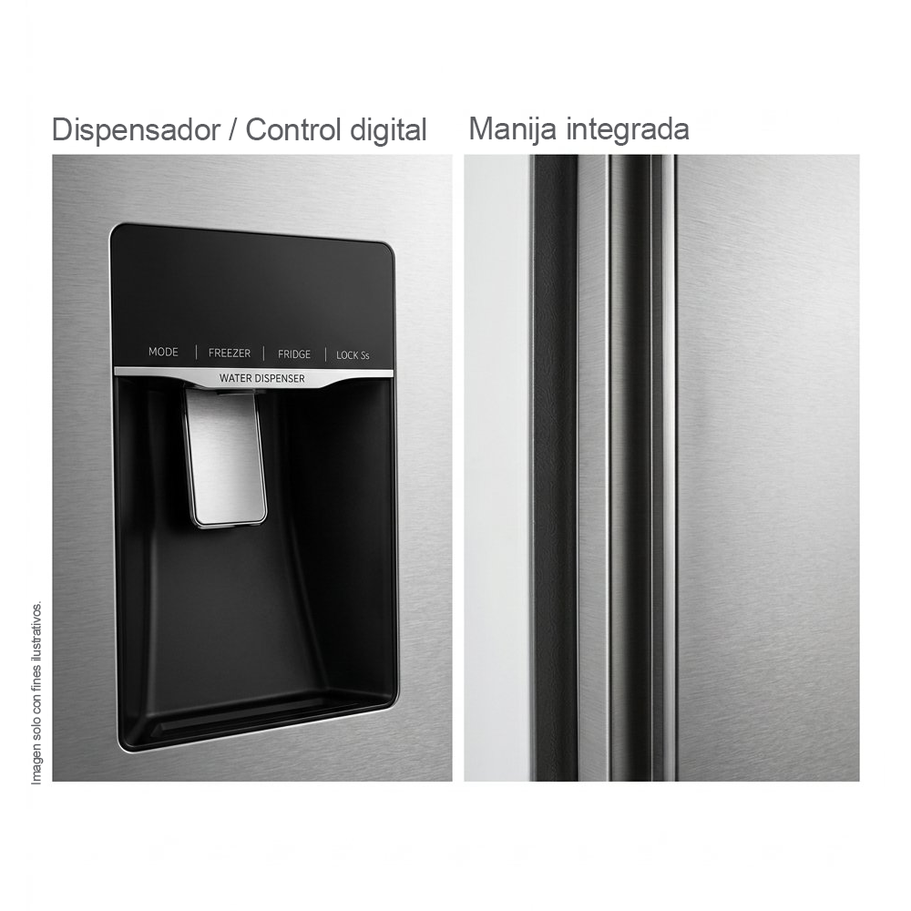 Refrigeradora 15pc Side By Side NHO15SXSWD Kenmore, color acero inoxidable, con dispensador de agua.