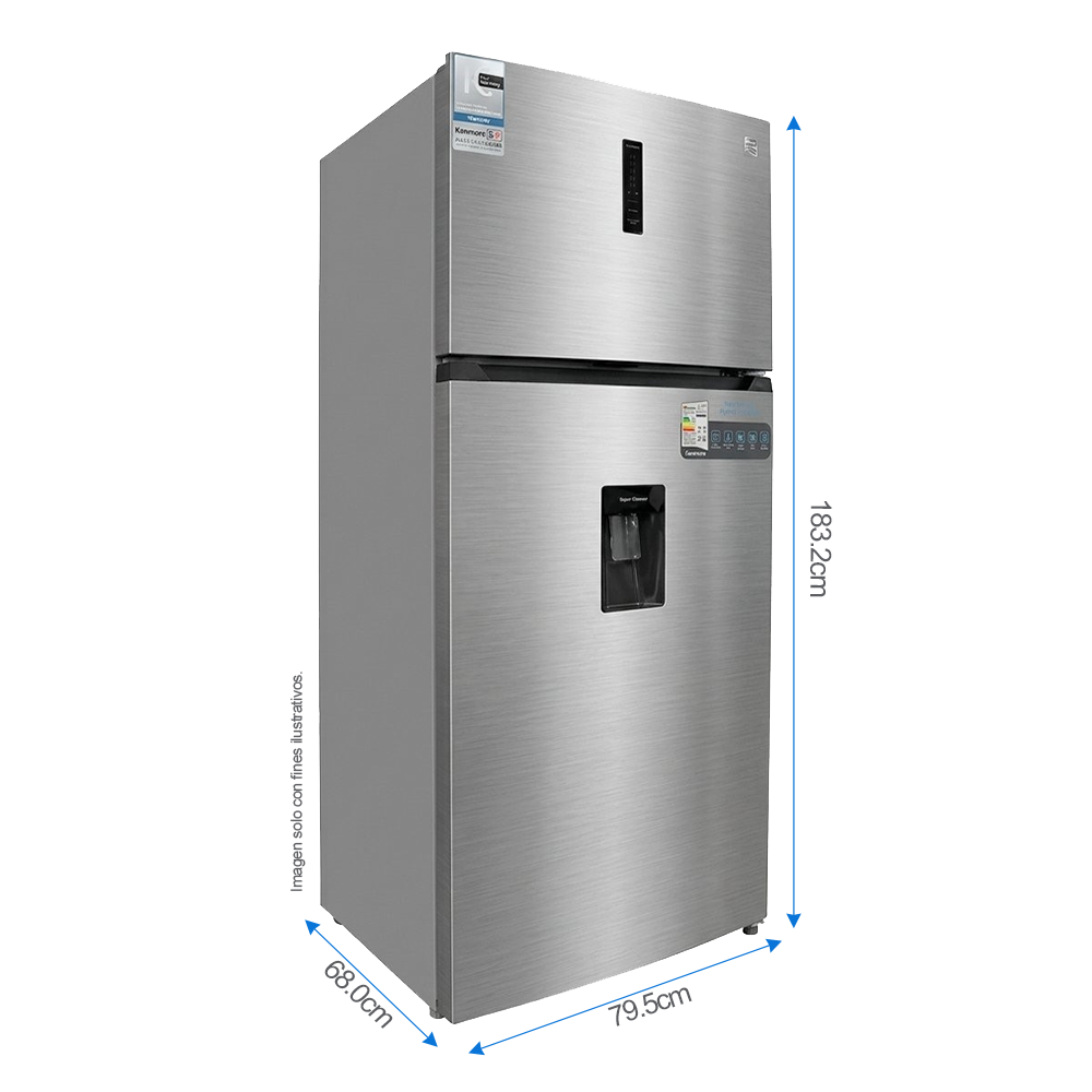 Refrigeradora 19pc Top mount NHO19TMWD Kenmore, color acero inoxidable, con dispensador de agua.