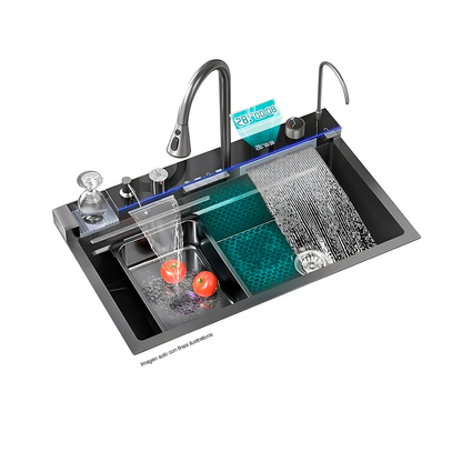 Fregador de cocina multifuncional IBK-01 color negro plomo / acero inoxidable doble guía.