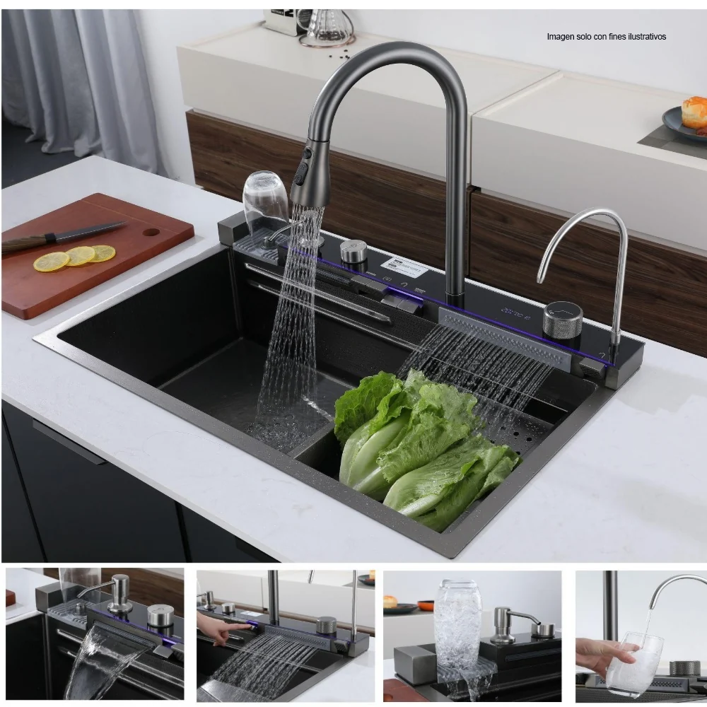 Fregador de cocina multifuncional IBK-01 color negro plomo / acero inoxidable doble guía.