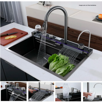Fregador de cocina multifuncional IBK-01 color negro plomo / acero inoxidable doble guía.