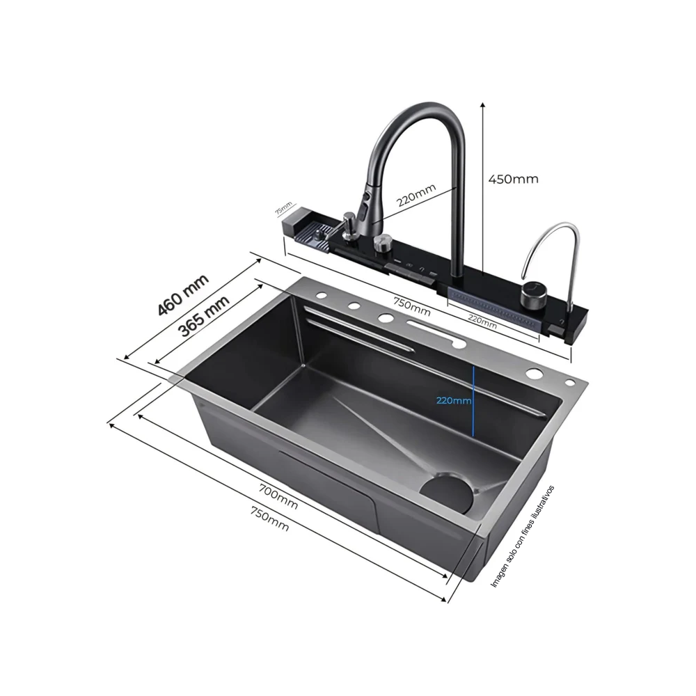 Fregador de cocina multifuncional IBK-01 color negro plomo / acero inoxidable doble guía.