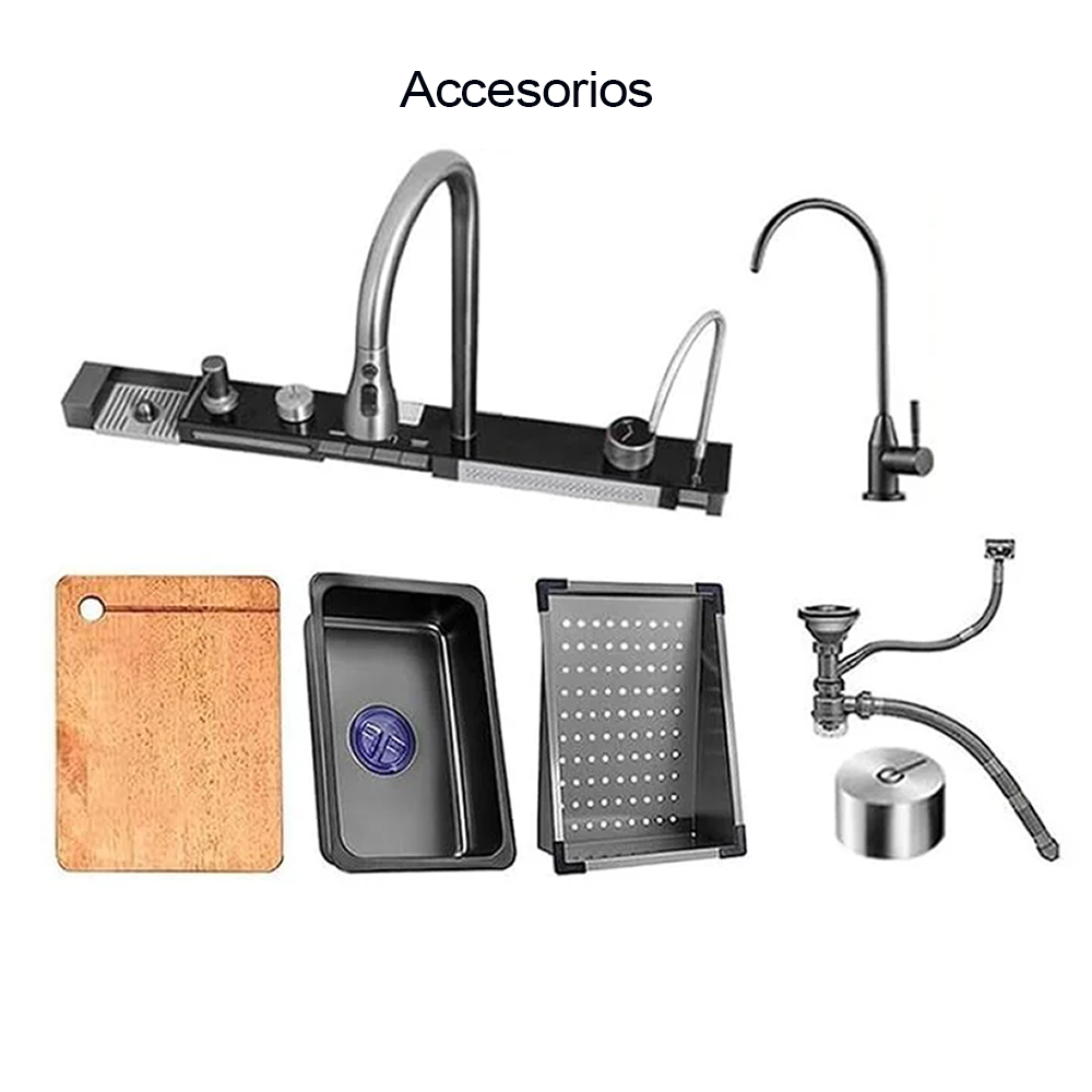 Fregador de cocina multifuncional IBK-01 color negro plomo / acero inoxidable doble guía.