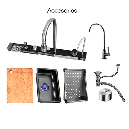 Fregador de cocina multifuncional IBK-01 color negro plomo / acero inoxidable doble guía.