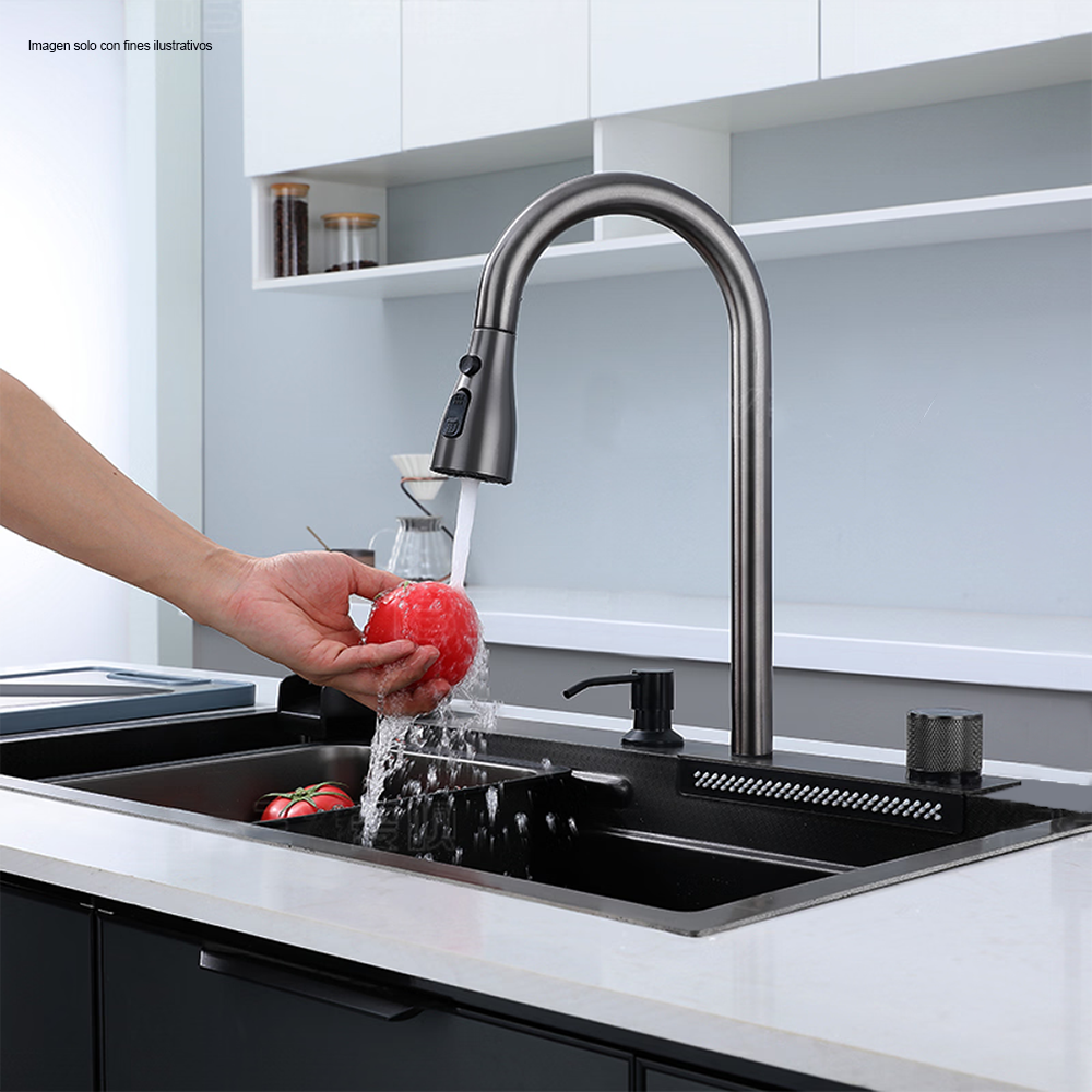 fregador de acero inoxidable IBK-02 color negro plomo, tamaño 22cm x 75cm x 46cm.