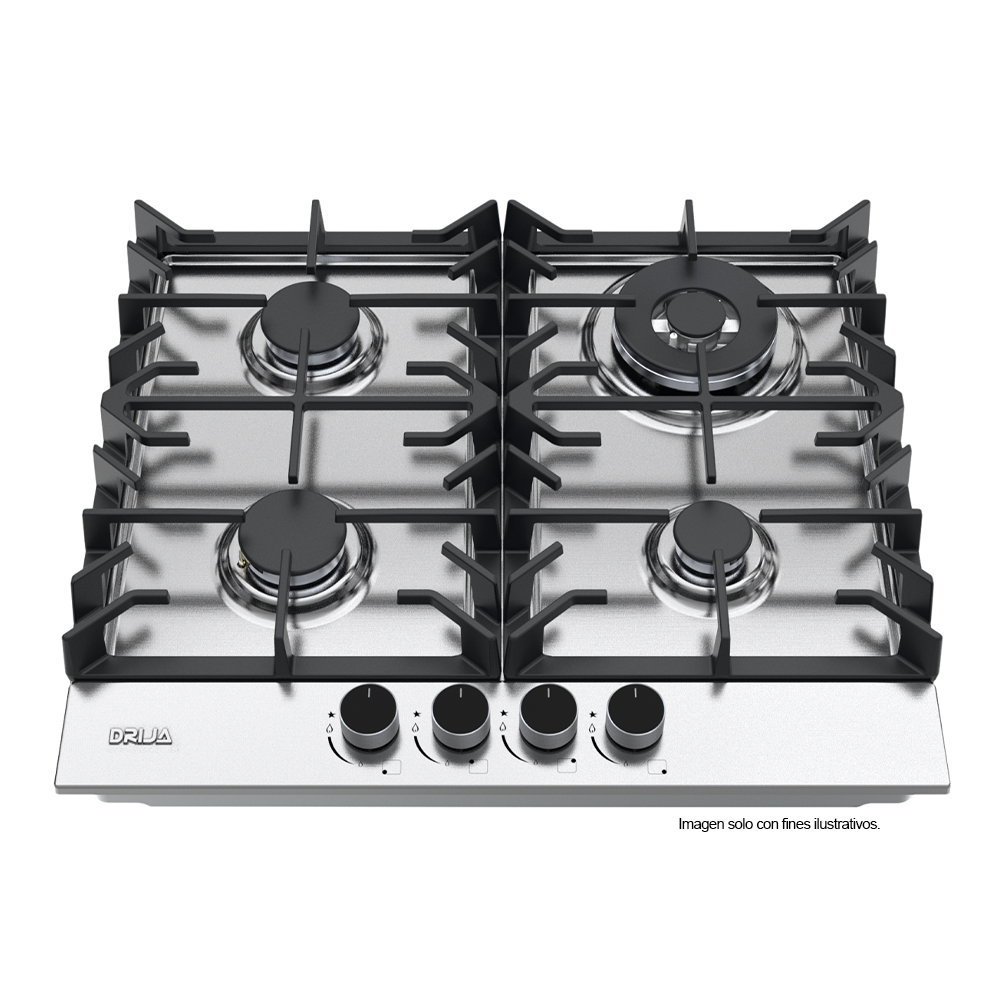 Estufa a gas 60cm Milán 60 Pro-I, acero inoxidable 304, 4 quemadores SABAF de aluminio, encendido eléctrico.