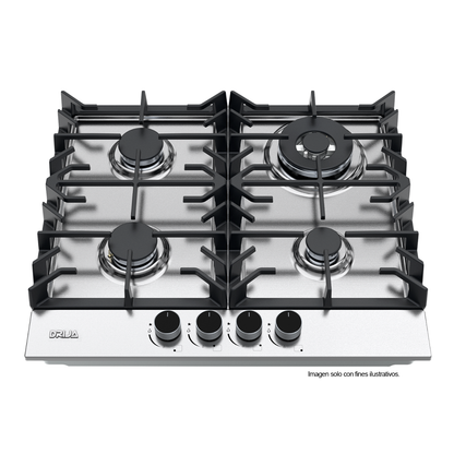 Estufa a gas 60cm Milán 60 Pro-I, acero inoxidable 304, 4 quemadores SABAF de aluminio, encendido eléctrico.