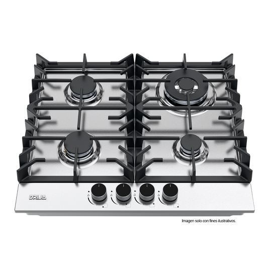 Estufa a gas 60cm Milán 60 Pro-I, acero inoxidable 304, 4 quemadores SABAF de aluminio, encendido eléctrico.