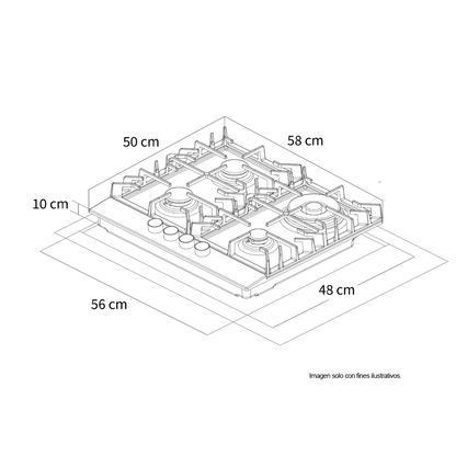 Estufa a gas 60cm Milán 60 Pro-I, acero inoxidable 304, 4 quemadores SABAF de aluminio, encendido eléctrico.