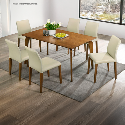 Comedor 6 puestos 15-1940, 6 puestos color beige, tapizado de cuero genuino, mesa rectangular de madera. DN02409/DN02408