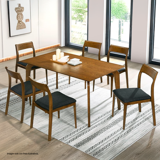 Comedor de 6 puestos 15-1941, 6 sillas tapizado tela lino, color tono gris y mesa rectangular. DN02410/DN02408