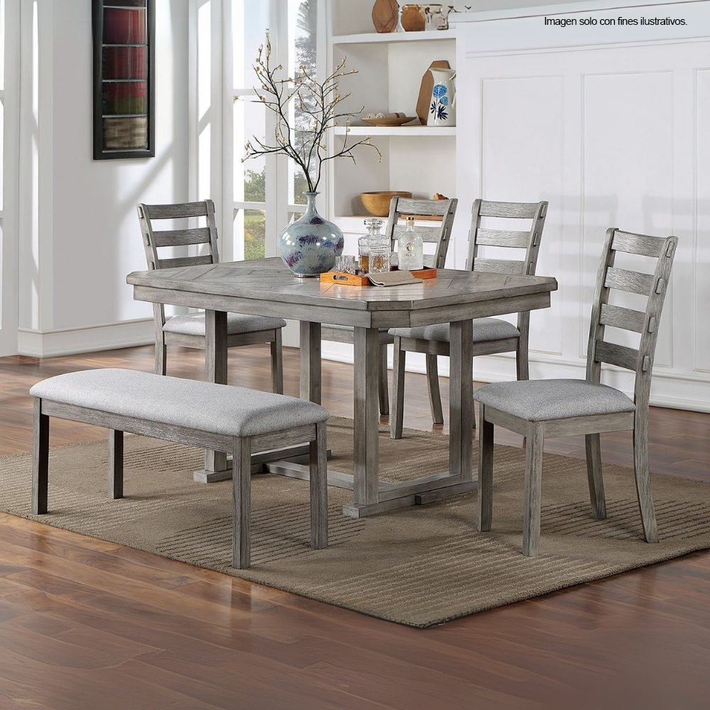 Comedor de madera KIARA, 4 puestos + 1 banquillo (6 puestos) color gris. CM3542GY-T-BN-SC2PK