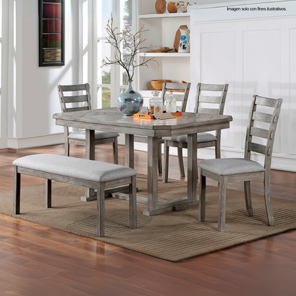 Comedor de madera KIARA, 4 puestos + 1 banquillo (6 puestos) color gris. CM3542GY-T-BN-SC2PK
