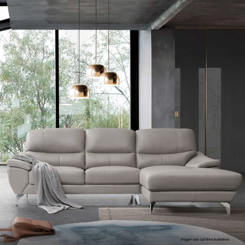 Sofá Chaise 18-2203 (LV01872) lado izquierdo, 3 puestos cómodos, tapizado en cuero tono gris