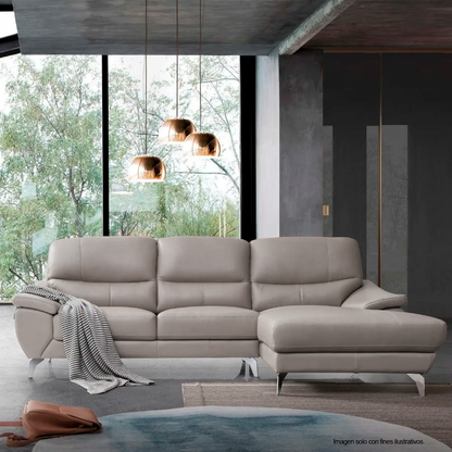Sofá Chaise 18-2203 (LV01872) lado izquierdo, 3 puestos cómodos, tapizado en cuero tono gris