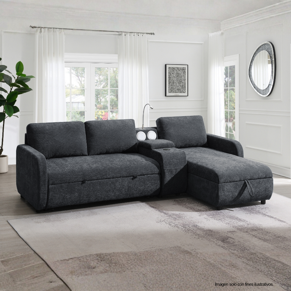Sofa Chaise -Cama modelo EVA, 18-2228 (LV07160) color texturizado gris, con USB, porta baso y lámpara LED flexible.
