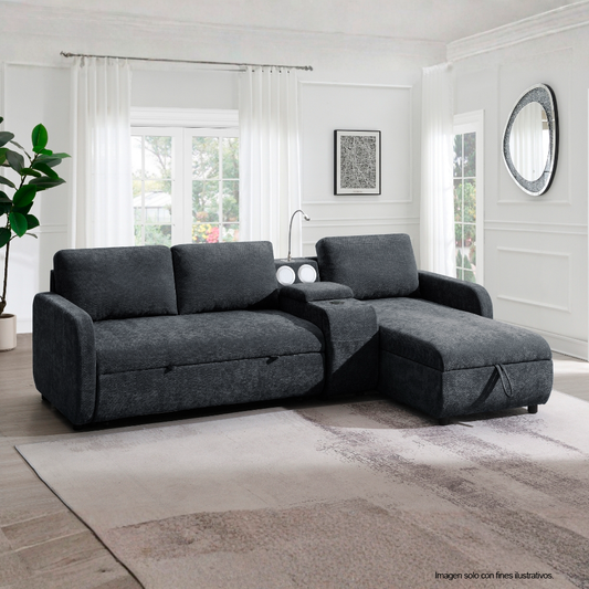 Sofa Chaise -Cama modelo EVA, 18-2228 (LV07160) color texturizado gris, con USB, porta baso y lámpara LED flexible.