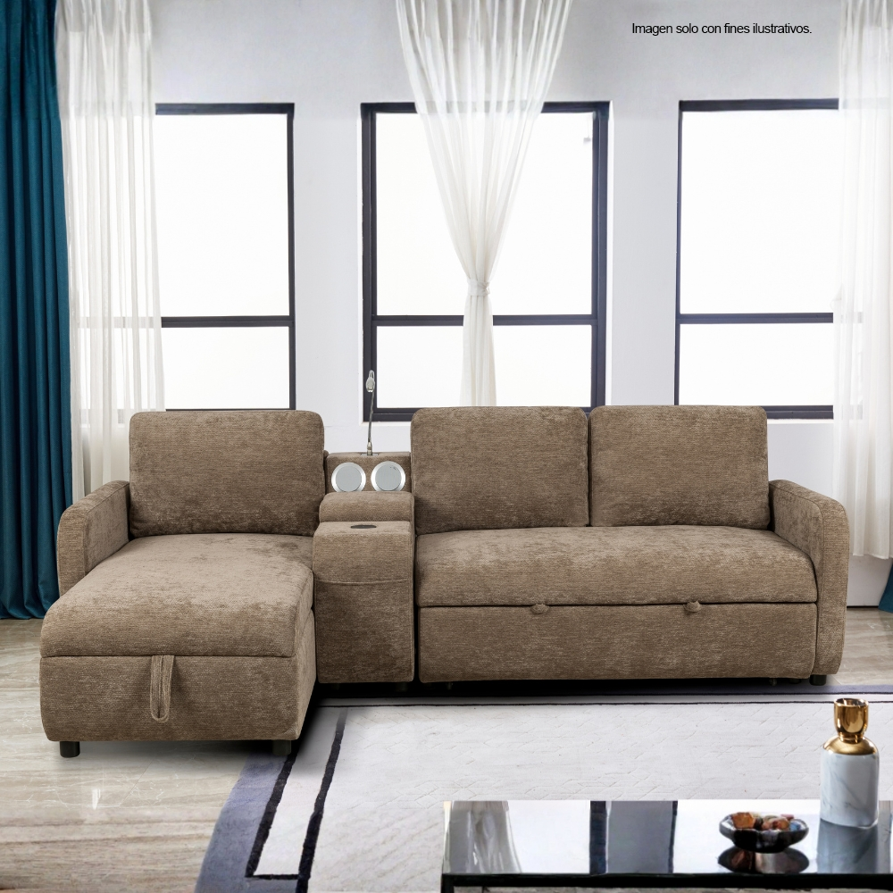Sofa Chaise -Cama modelo EVA, 18-2229 (LV07180) color texturizado chocolate, con USB, porta baso y lámpara LED flexible.