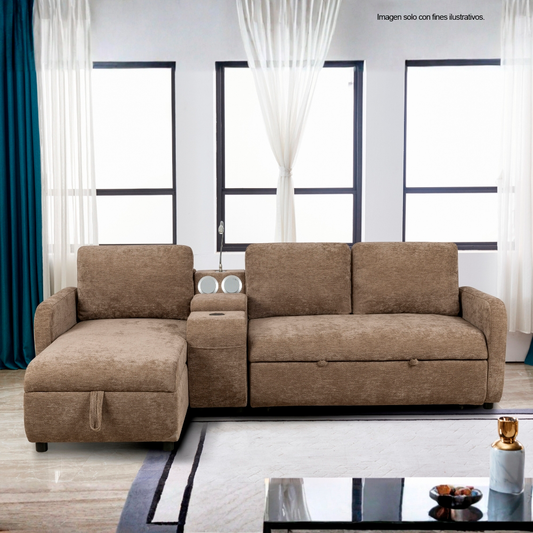 Sofa Chaise -Cama modelo EVA, 18-2229 (LV07180) color texturizado chocolate, con USB, porta baso y lámpara LED flexible.