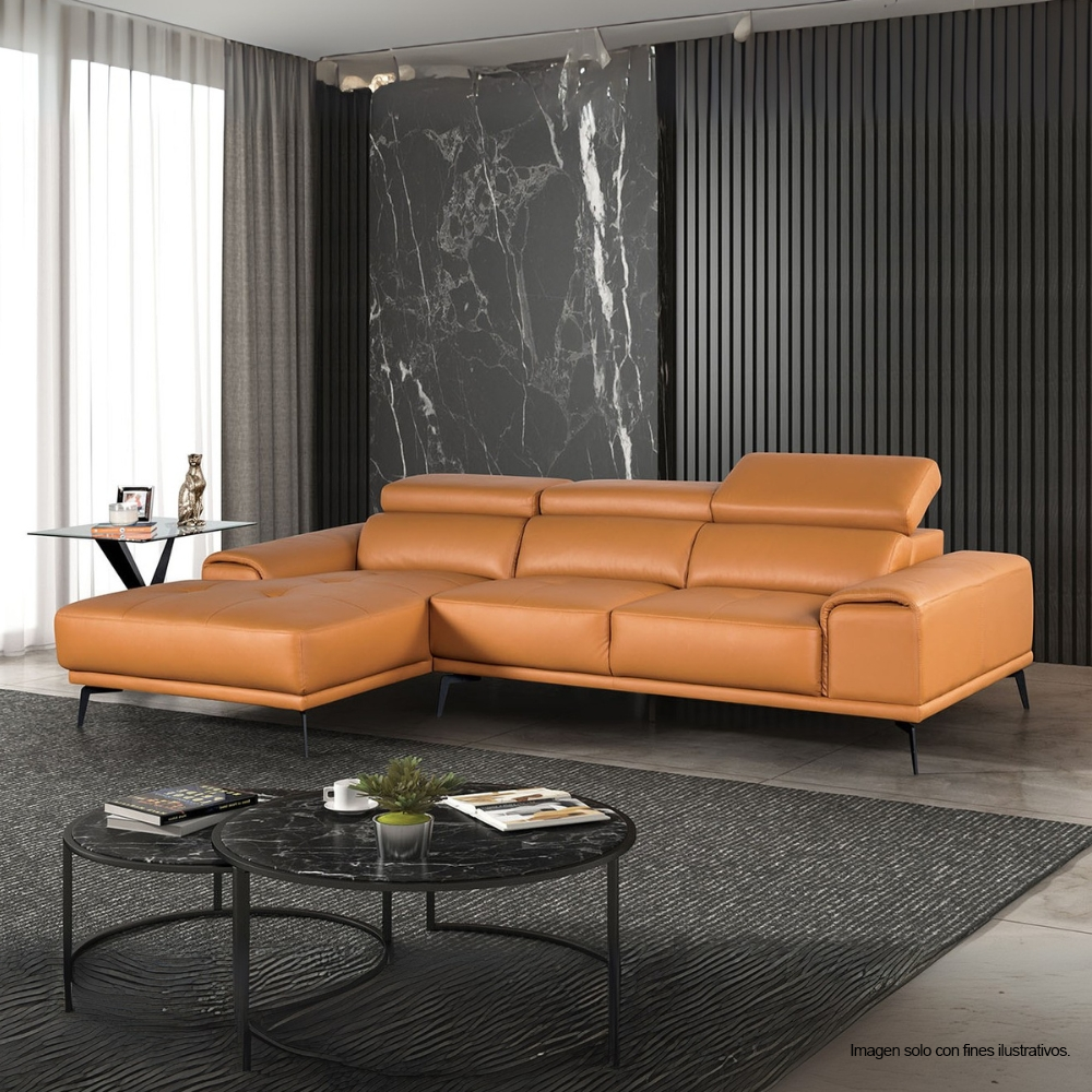 Sofá Chaise modelo Brisa FM69005LB-LCE/RLV, color naranja 100% cuero. Chaise lado derecho