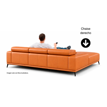 Sofá Chaise modelo Brisa FM69005LB-LCE/RLV, color naranja 100% cuero. Chaise lado derecho