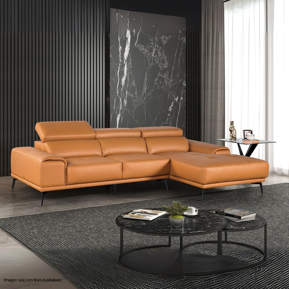 Sofá Chaise modelo Brisa FM69005LB-RCE/LLV, color naranja 100% cuero. Chaise lado izquierdo.