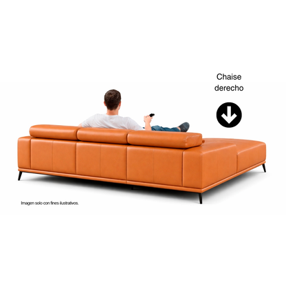 Sofá Chaise modelo Brisa FM69005LB-RCE/LLV, color naranja 100% cuero. Chaise lado izquierdo.