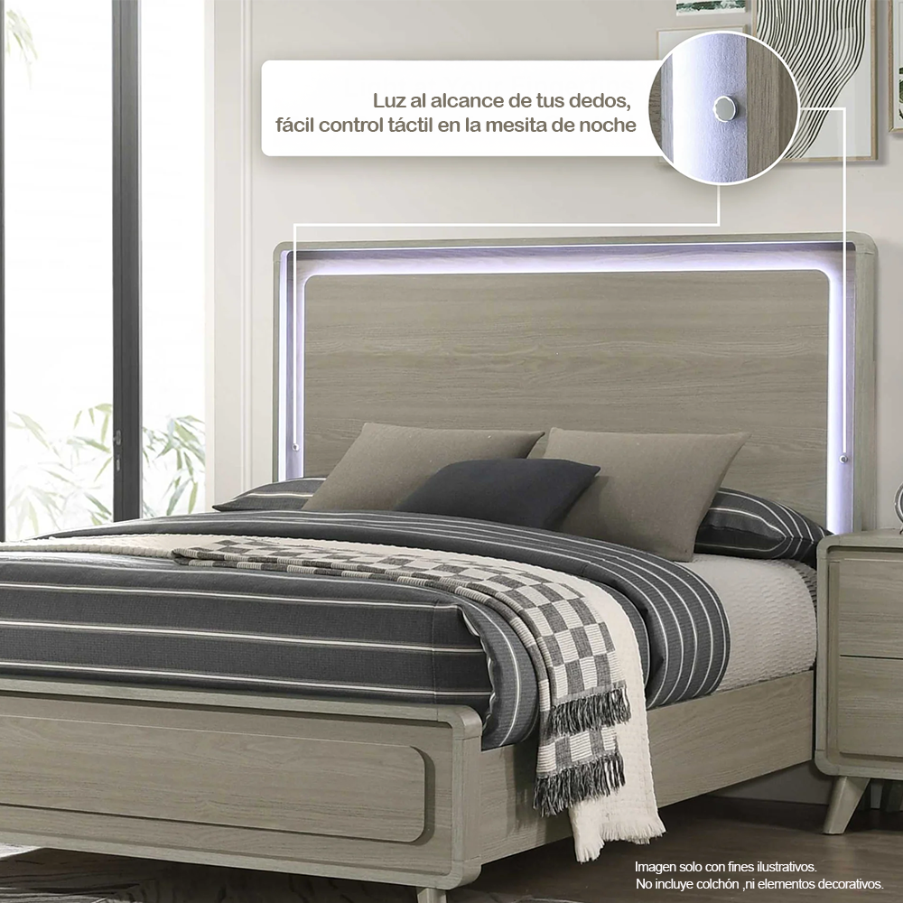 Recamara Queen modelo DELIA FM72002GY-Q (20-2634) color tono gris, incluye 2 mesitas de noche.