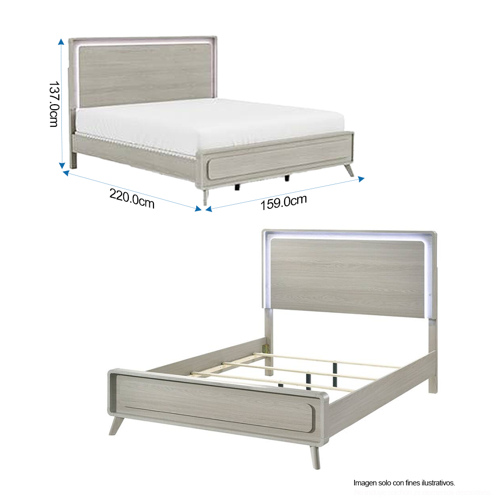 Recamara Queen modelo DELIA FM72002GY-Q (20-2634) color tono gris, incluye 2 mesitas de noche.