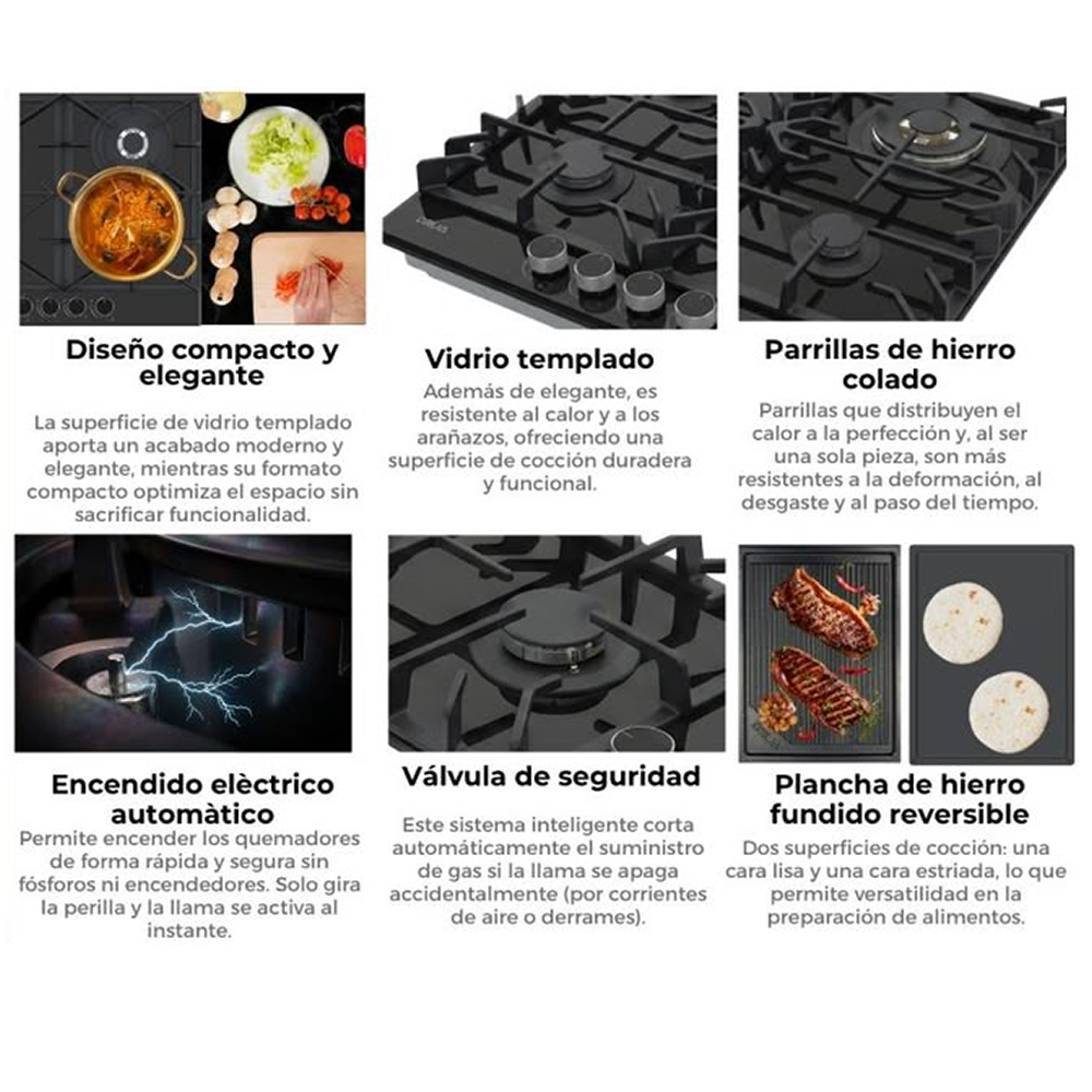 Estufa Ferrara 90 PRO-B (87.4cm) Drija, vidrio templado con la resistencia del acero inoxidable 5 quemadores SABAF de aluminio, encendido eléctrico y válvula de seguridad