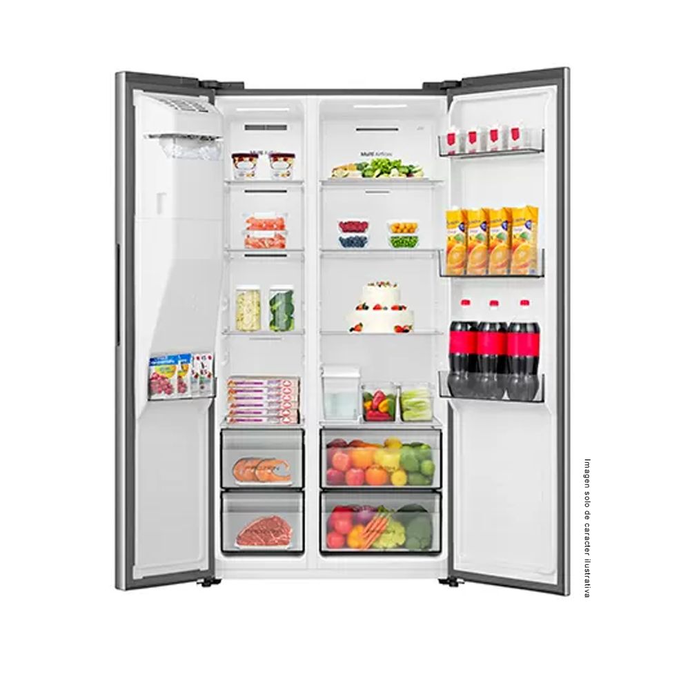 Refrigeradora 18.6pc Side by Side, modelo RS19P5ESR, inverter,  dispensador de tres opciones: agua fría, hielo en cubos y hielo triturado.
