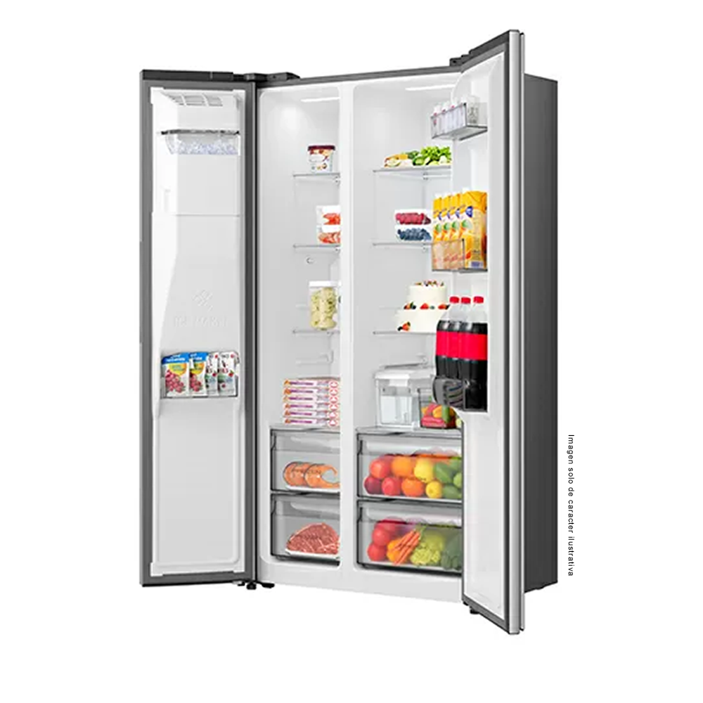 Refrigeradora 18.6pc Side by Side, modelo RS19P5ESR, inverter,  dispensador de tres opciones: agua fría, hielo en cubos y hielo triturado.