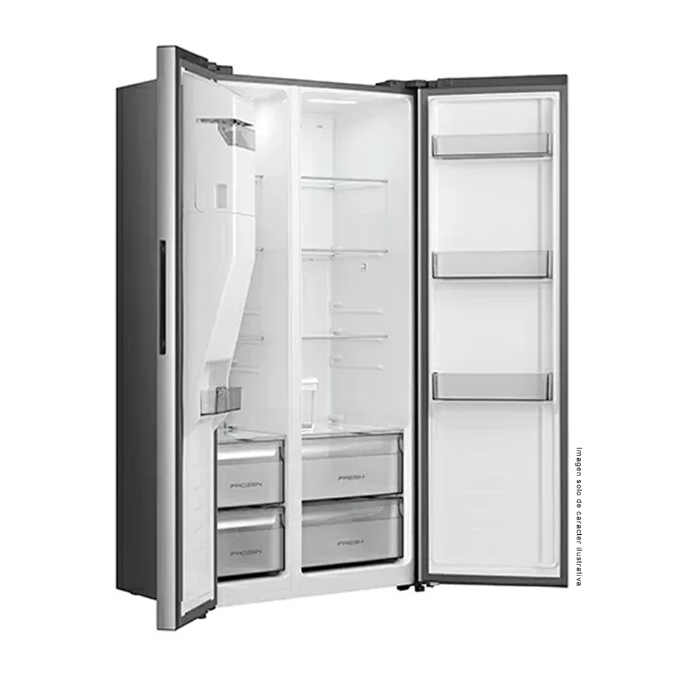 Refrigeradora 18.6pc Side by Side, modelo RS19P5ESR, inverter,  dispensador de tres opciones: agua fría, hielo en cubos y hielo triturado.